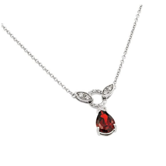 Silver 925 Rhodium Plated Red CZ Stone Tear Drop Shape Pendant Necklace